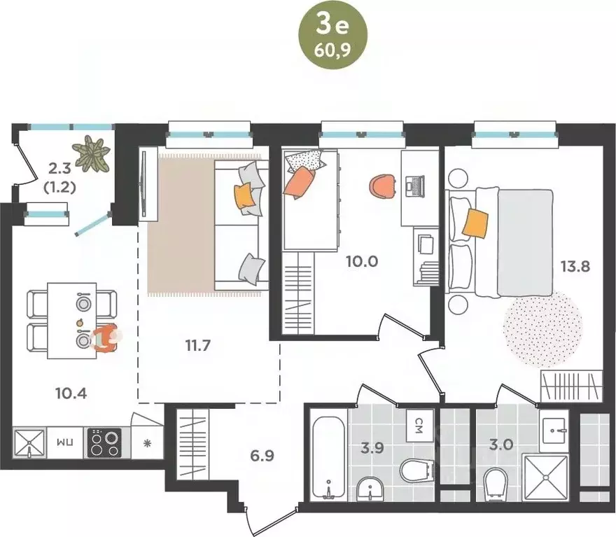 3-к кв. Пермский край, Пермь ул. Куфонина, 1 (60.9 м) - Фото 1