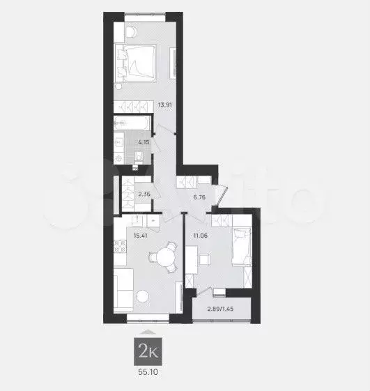 2-к. квартира, 55,1 м, 8/9 эт. - Фото 1