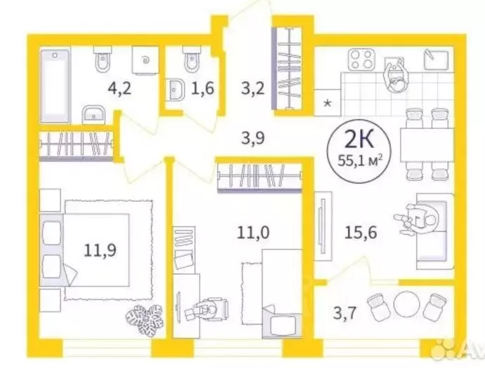 2-к кв. Свердловская область, Екатеринбург ул. Щербакова, 78 (55.1 м) - Фото 1