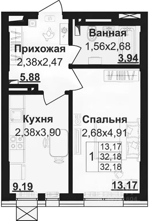 1-к кв. Башкортостан, Уфа ул. Пархоменко, 156Б (32.7 м) - Фото 1