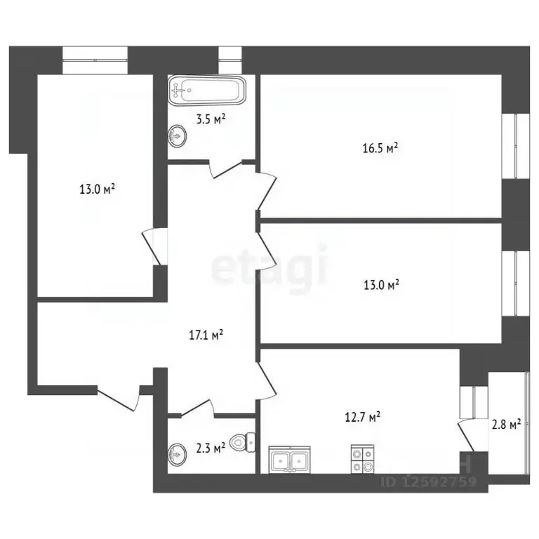 3-к кв. Тамбовская область, Тамбов ул. Гиляровского, 26В (78.1 м) - Фото 2