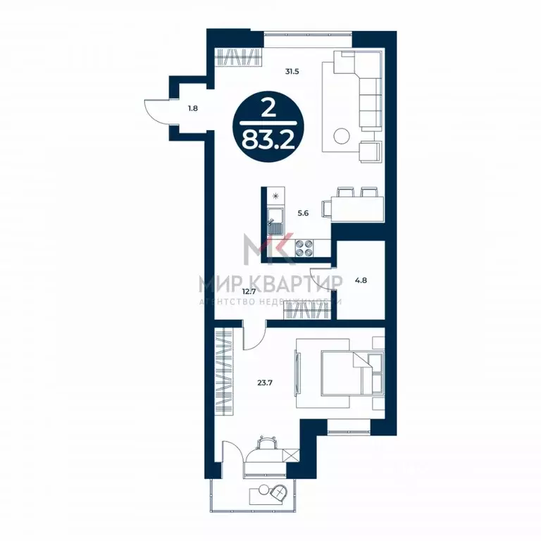 2-к кв. Хакасия, Абакан ул. Генерала Тихонова, 14 (83.2 м) - Фото 2