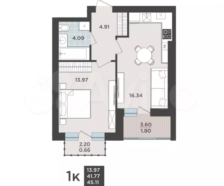 1-к. квартира, 45,1 м, 9/9 эт. - Фото 1