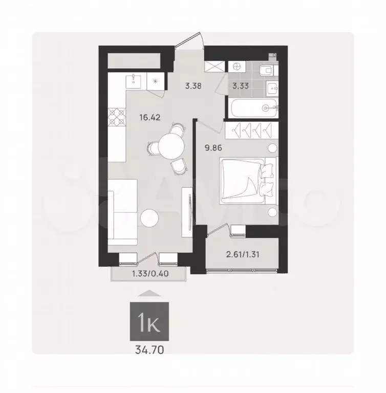 1-к. квартира, 34,7 м, 9/9 эт. - Фото 1