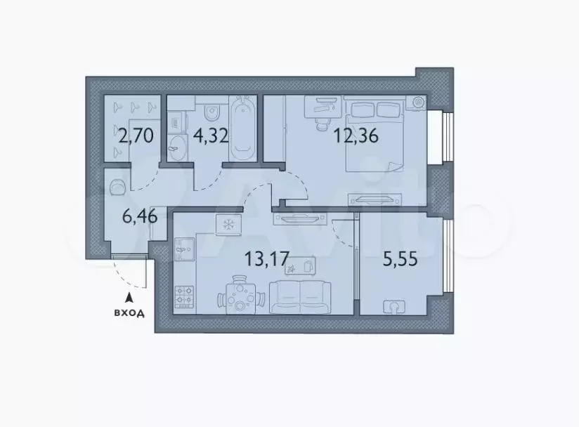 1-к. квартира, 44,6 м, 1/8 эт. - Фото 1