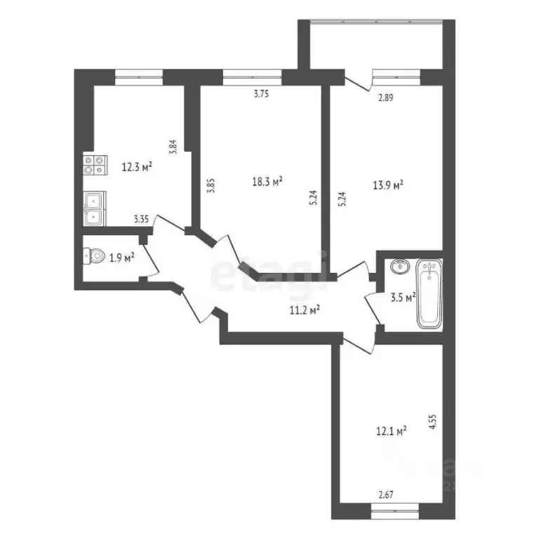 3-к кв. Калужская область, Калуга ул. Калужского Ополчения, 3к2 (73.2 ... - Фото 2