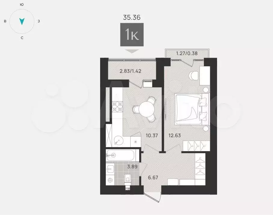1-к. квартира, 35,4 м, 9/9 эт. - Фото 1