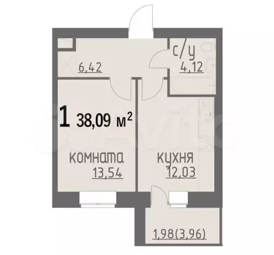 1-к. квартира, 38,1 м, 9/9 эт. - Фото 1