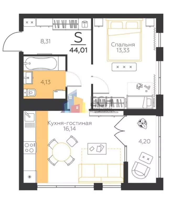 1-комнатная квартира: Молодёжный, улица Вадима Усова, 28 (44 м) - Фото 0