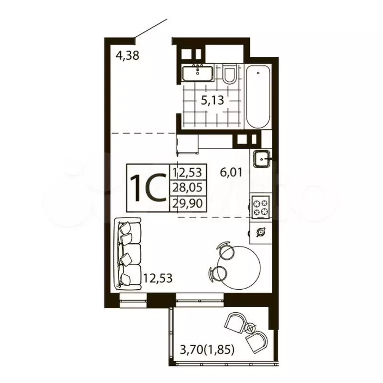 Квартира-студия, 29,2 м, 23/24 эт. - Фото 1