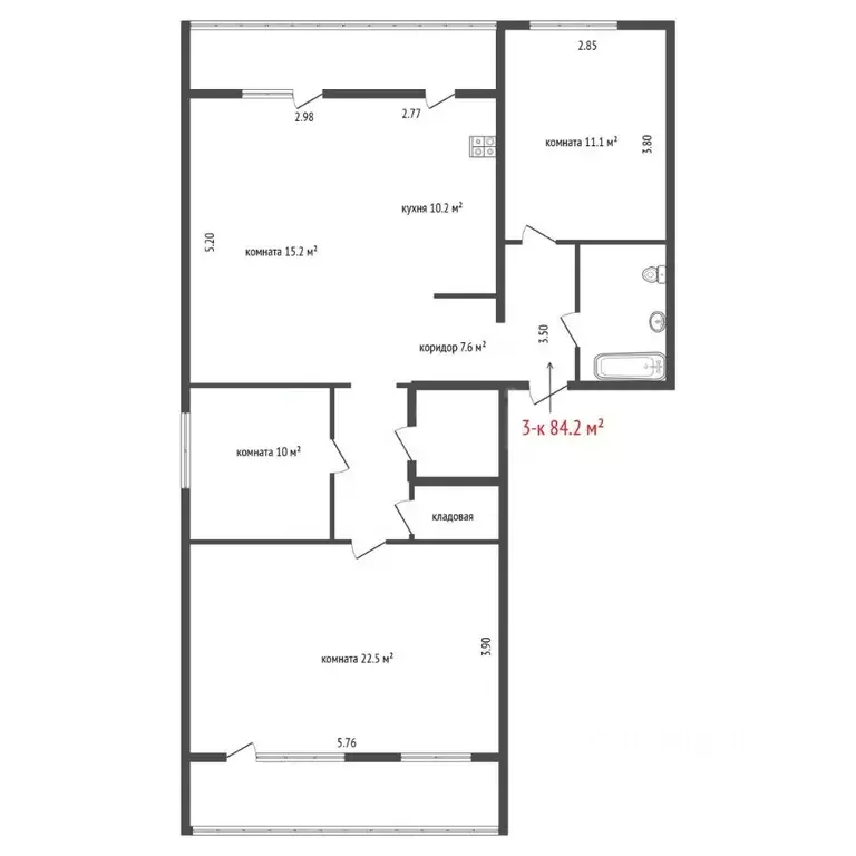3-к кв. Свердловская область, Екатеринбург ул. 8 Марта, 181к2 (84.2 м) - Фото 2