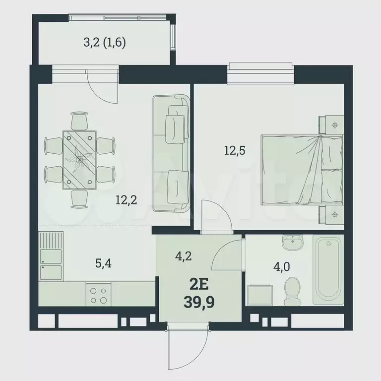 2-к. квартира, 39,9 м, 4/8 эт. - Фото 0