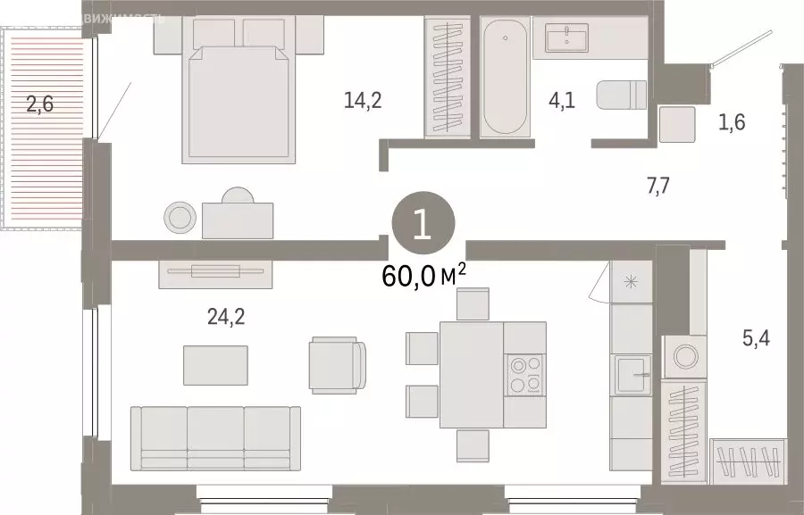 1-комнатная квартира: Тюмень, Мысовская улица, 26к2 (59.95 м) - Фото 1