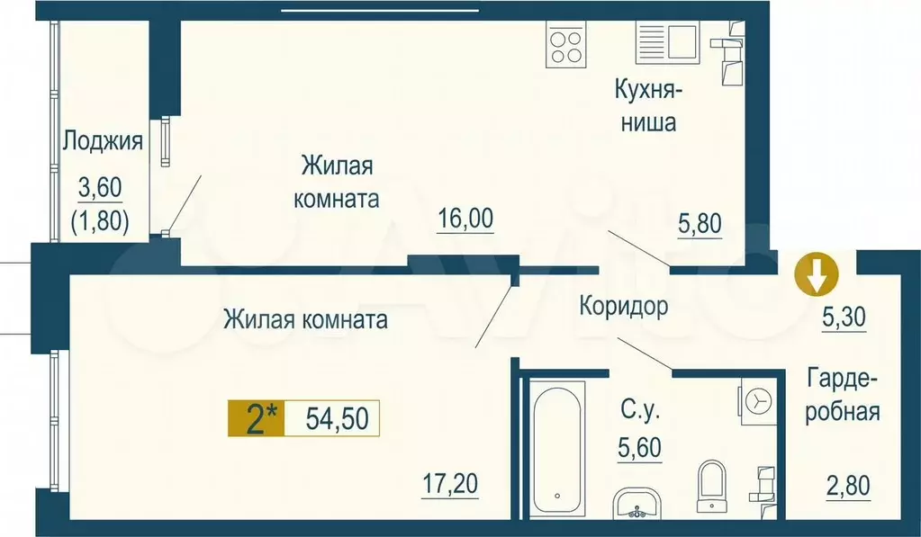 2-к. квартира, 54,5 м, 5/16 эт. - Фото 0