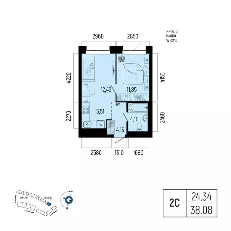 2-комнатная квартира: Уфа, улица Рудольфа Нуреева, 7 (38.08 м) - Фото 1