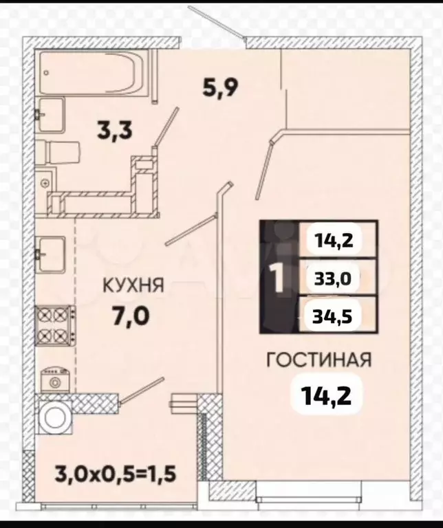 Комната 34,5 м в 1-к., 17/19 эт. - Фото 0