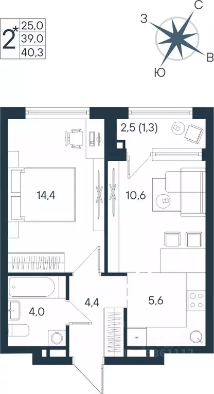 Студия Пермский край, Пермь ул. Космонавта Беляева, 17 (40.3 м) - Фото 1