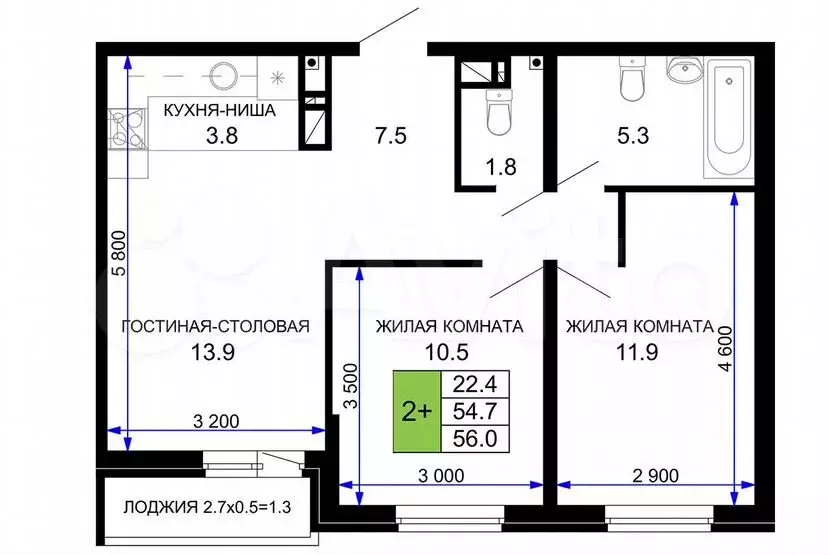 2-к. квартира, 56м, 7/16эт. - Фото 1