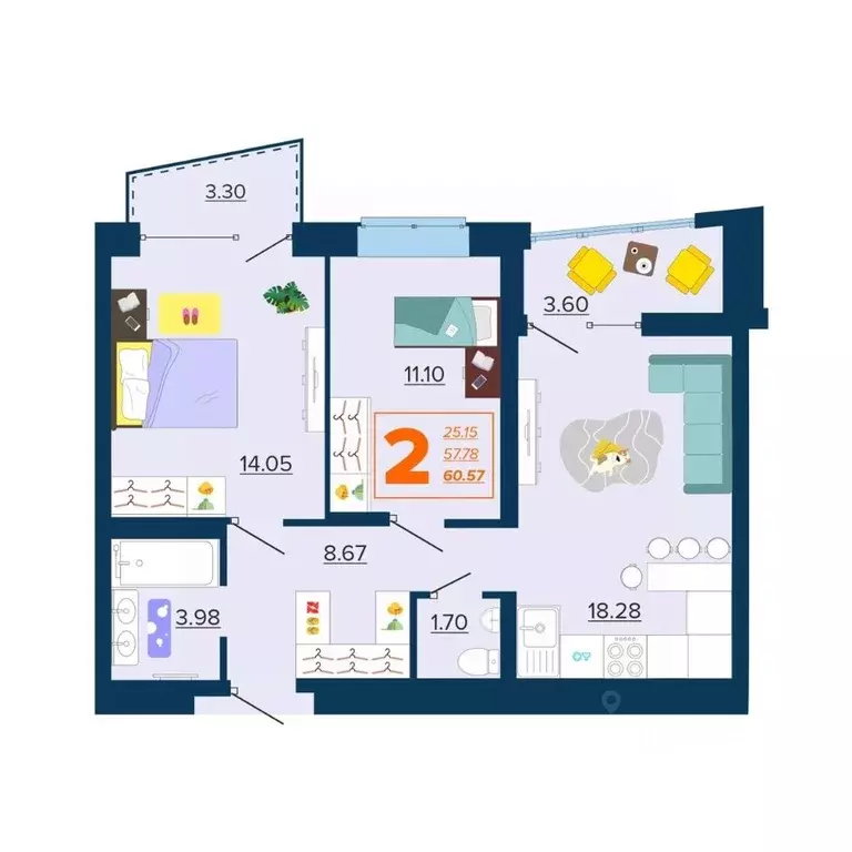 2-к кв. Брянская область, Брянск Московский мкр, 28 (60.57 м) - Фото 1