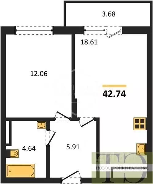 1-к кв. Калининградская область, Гурьевский муниципальный округ, пос. ... - Фото 1