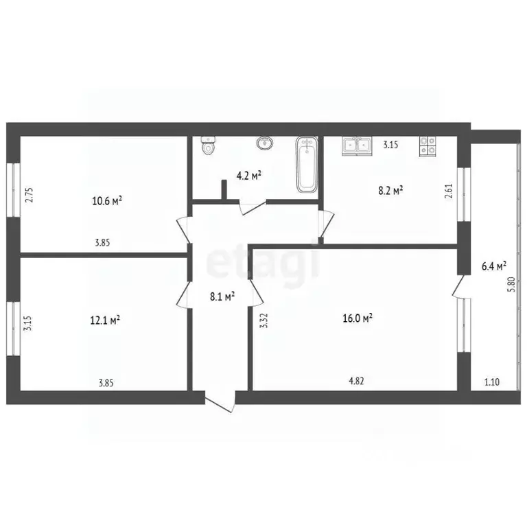 3-к кв. Пермский край, Чернушка Красноармейская ул., 90 (59.9 м) - Фото 2
