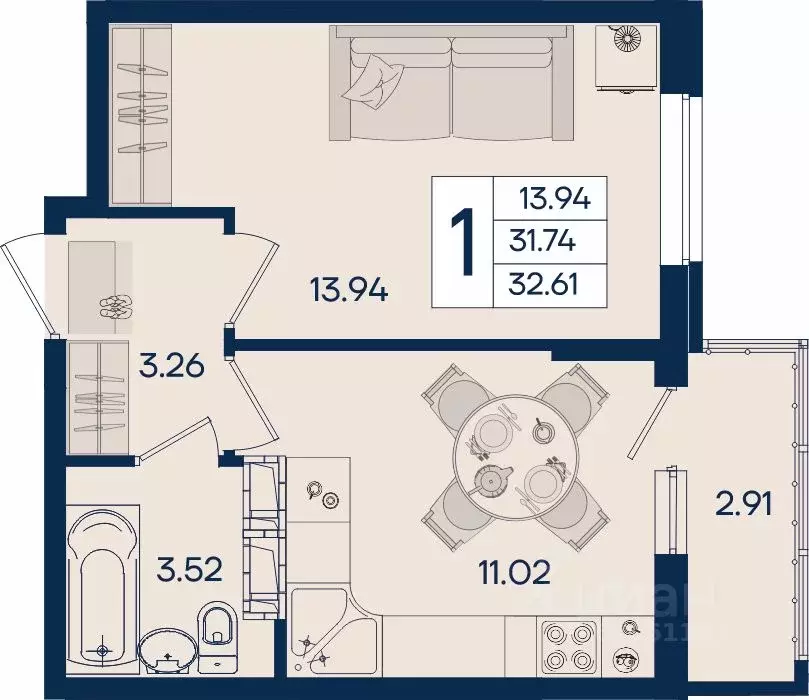 1-к кв. Краснодарский край, Краснодар  (32.61 м) - Фото 0