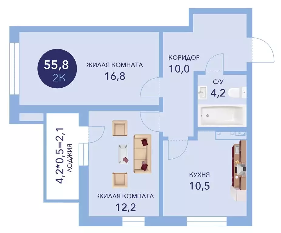 2-комнатная квартира: Анапа, улица Ленина, 241к1 (55.8 м) - Фото 0