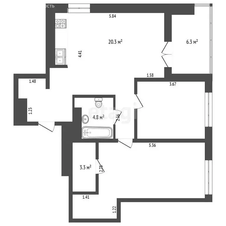2-комнатная квартира: Тюмень, улица Братьев Бондаревых, 5 (70.6 м) - Фото 1