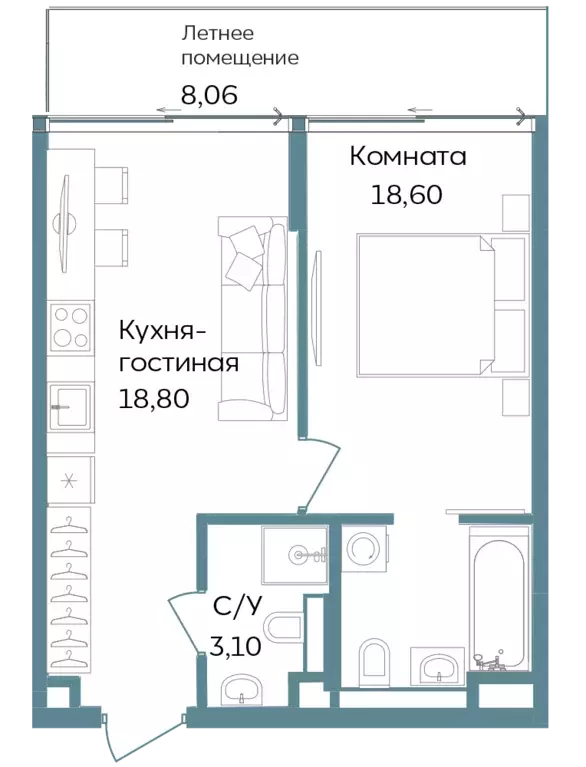 1-к квартира, 48.56 м - Фото 0