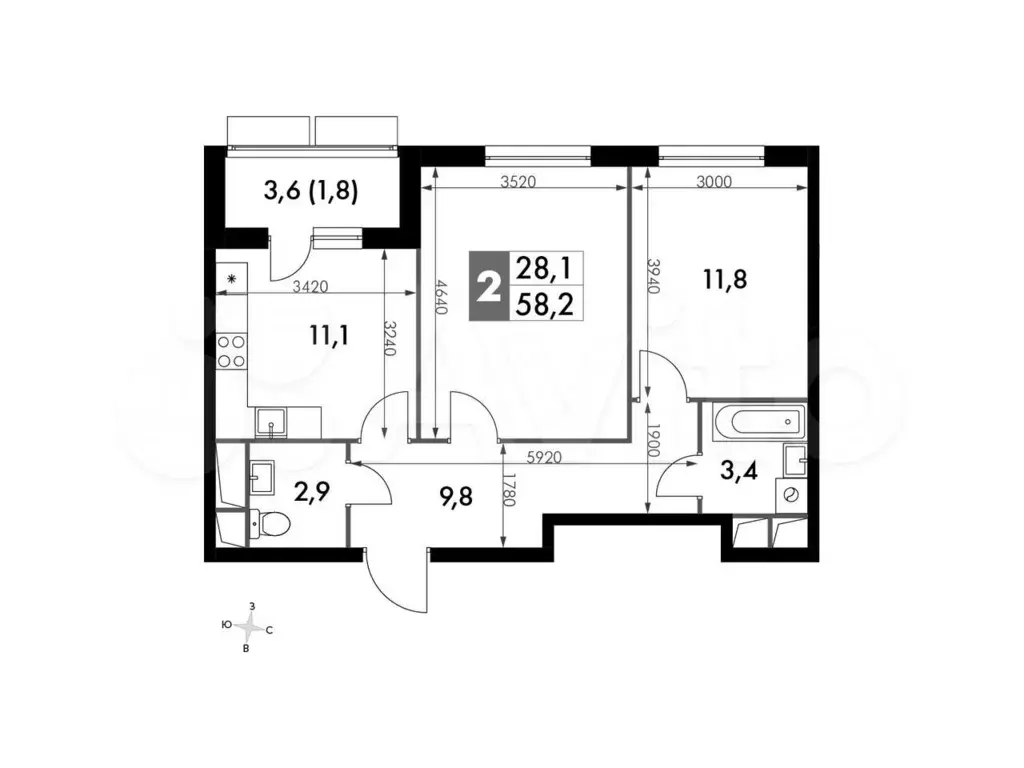 2-к. квартира, 57,1 м, 8/16 эт. - Фото 0