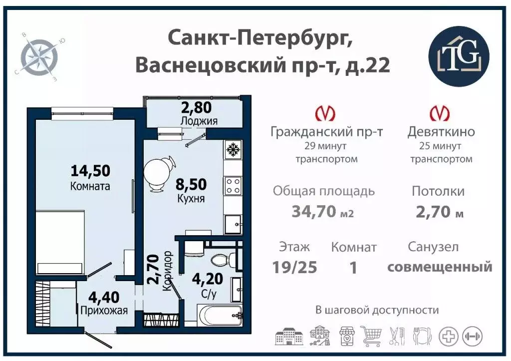 1-к кв. Санкт-Петербург просп. Васнецовский, 22 (34.7 м) - Фото 1