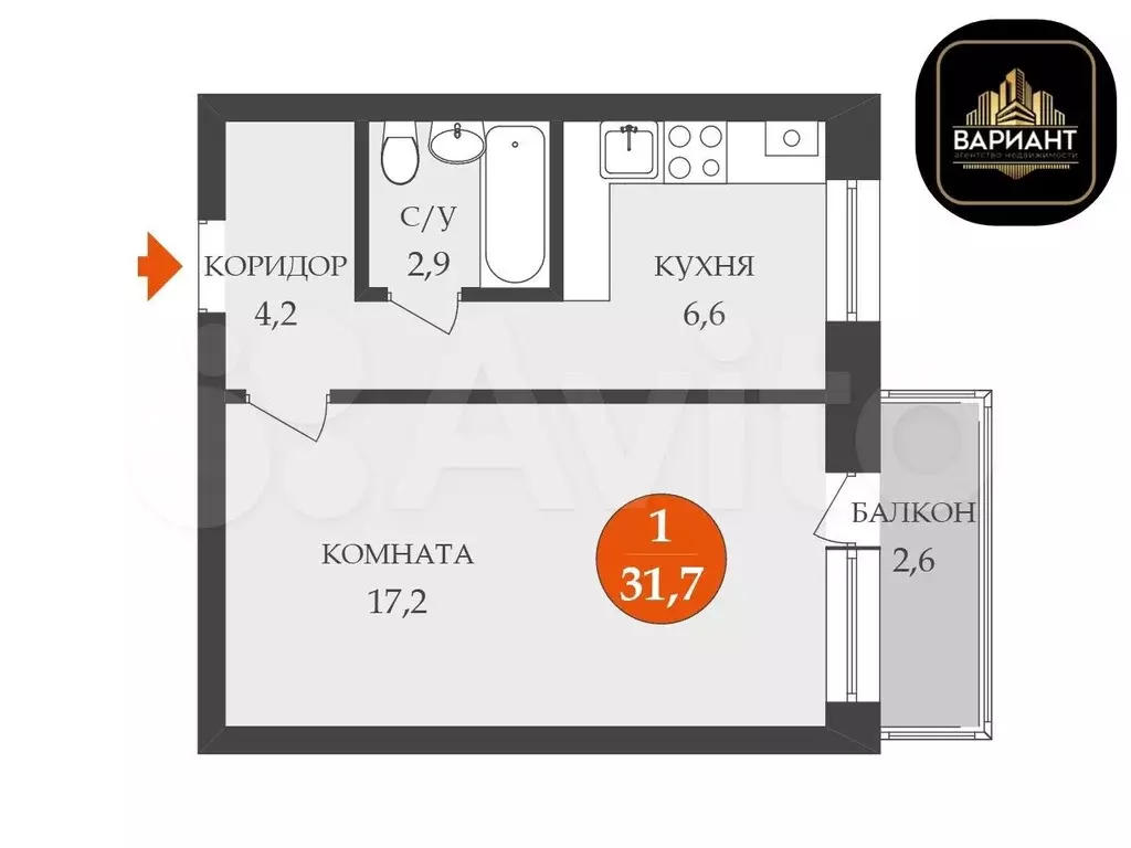 1-к. квартира, 31,7 м, 3/5 эт. - Фото 0