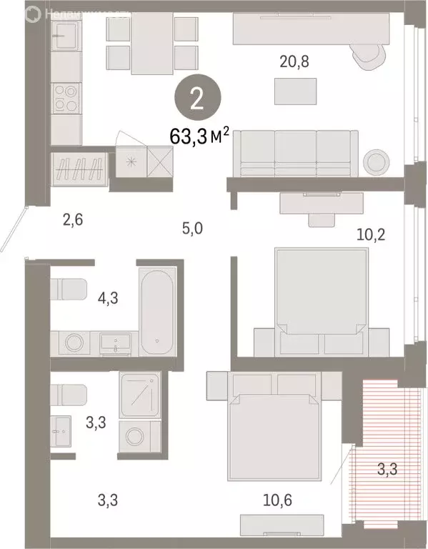 2-комнатная квартира: Тюмень, Ленинский округ (63.3 м) - Фото 1