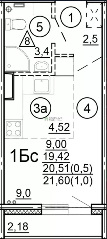 Студия Тверская область, Тверь Новочеркасская ул., 49 (21.6 м) - Фото 1