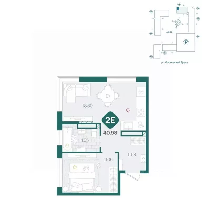 2-к кв. Тюменская область, Тюмень Сибирский жилой комплекс (40.98 м) - Фото 1