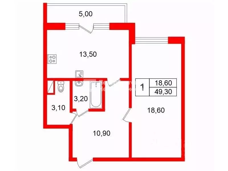 Квартира, 1 комната, 49.3 м - Фото 1