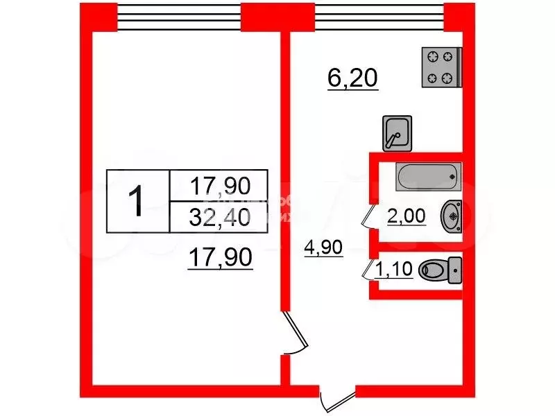 1-к. квартира, 32,4 м, 2/9 эт. - Фото 0