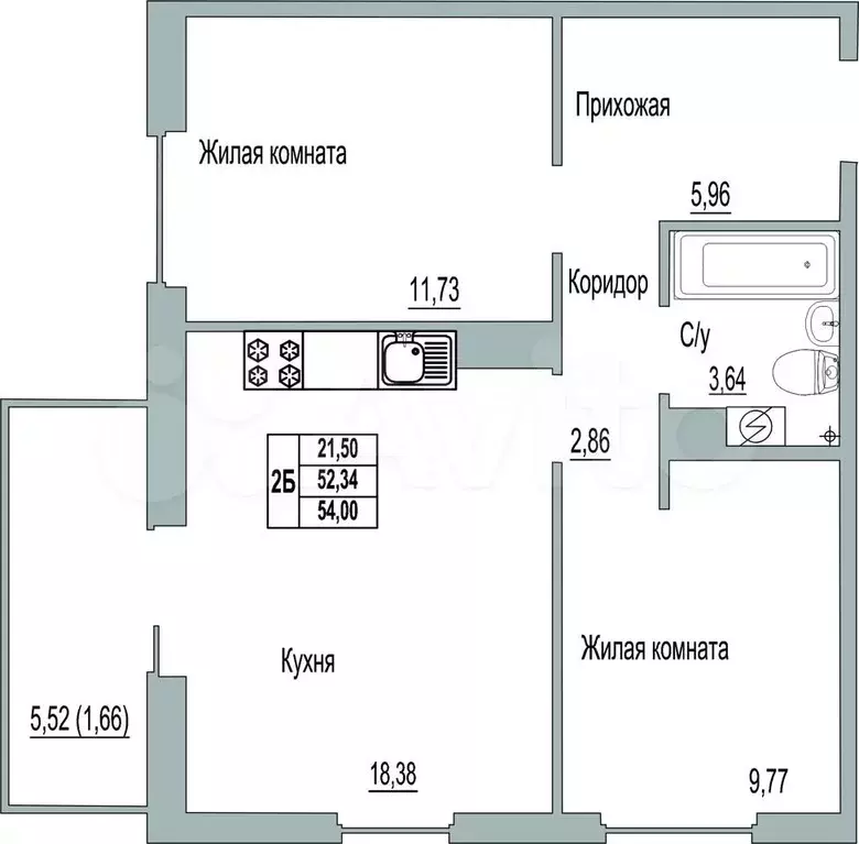 2-к. квартира, 54 м, 4/9 эт. - Фото 0