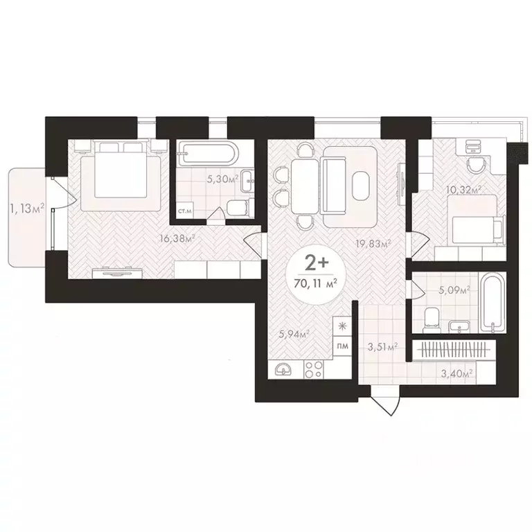 2-к кв. Башкортостан, Уфа Южный-2 мкр,  (70.11 м) - Фото 1