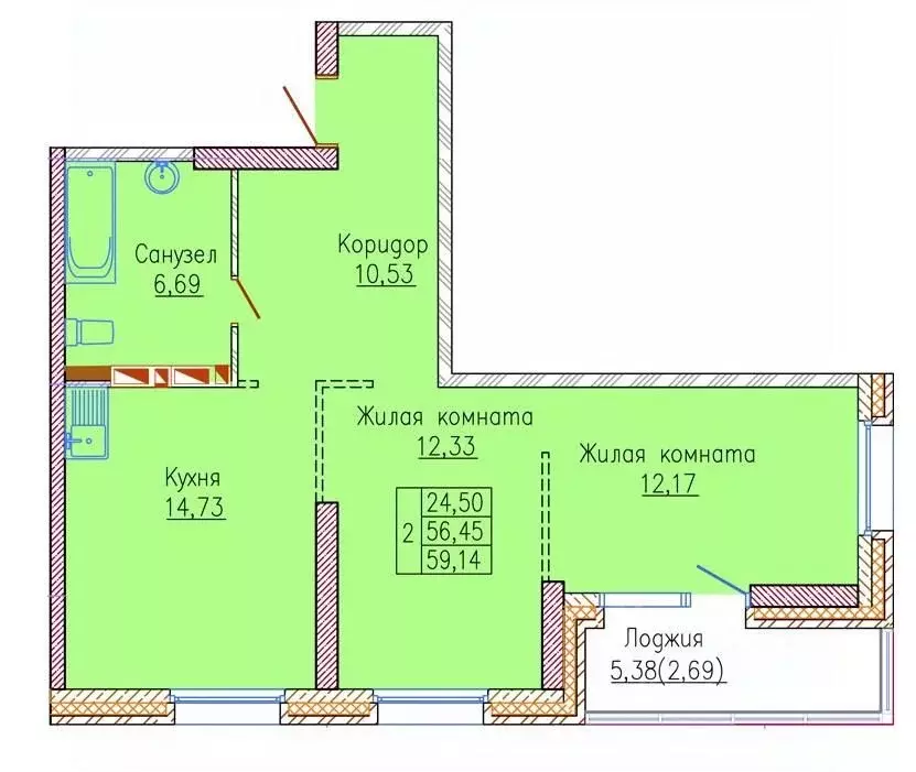 2-к кв. Приморский край, Владивосток ул. 2-я Строительная, 25 (56.6 м) - Фото 1