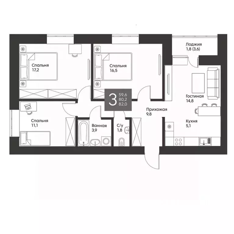 3-к кв. Татарстан, Альметьевск ул. Гафиатуллина, 60 (82.0 м) - Фото 0