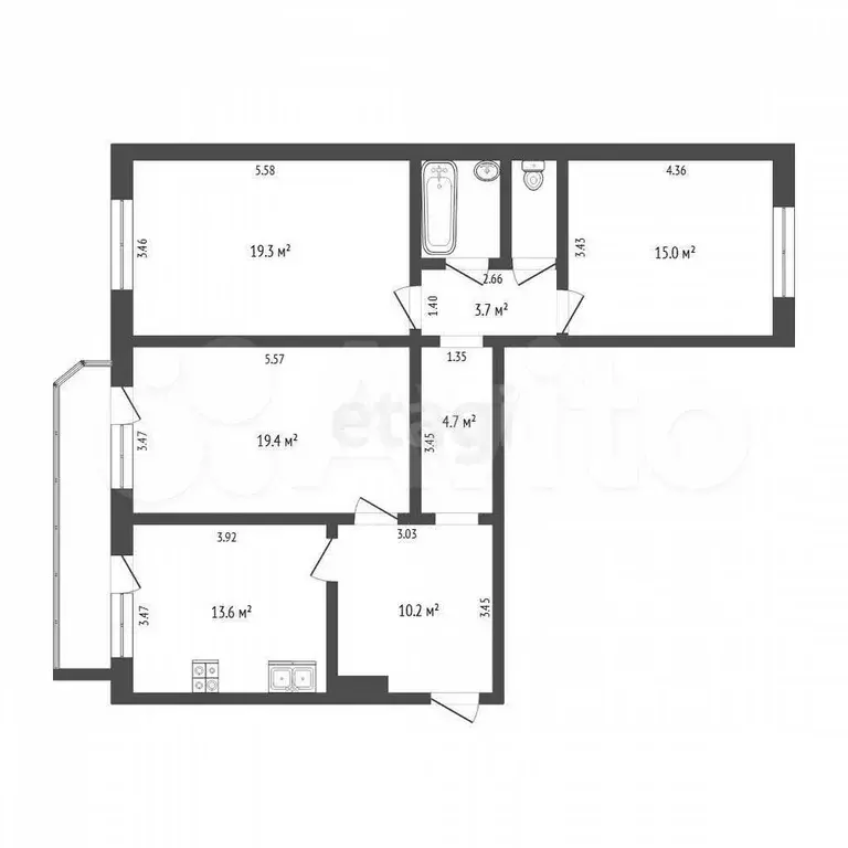 3-к. квартира, 90,7 м, 2/5 эт. - Фото 0