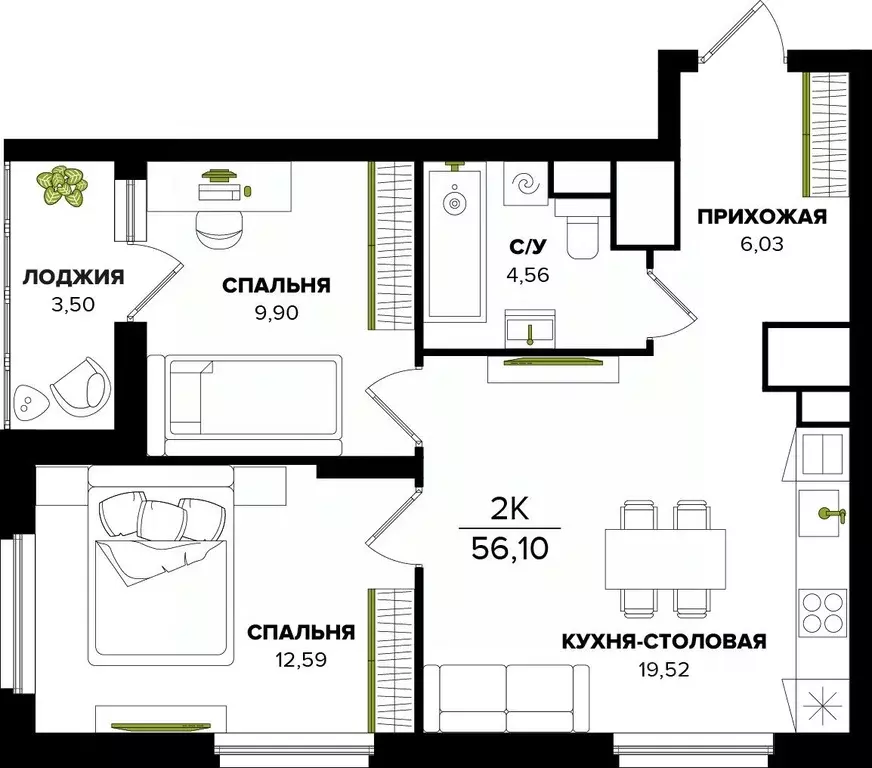 2-к кв. Тульская область, Тула  (56.1 м) - Фото 0