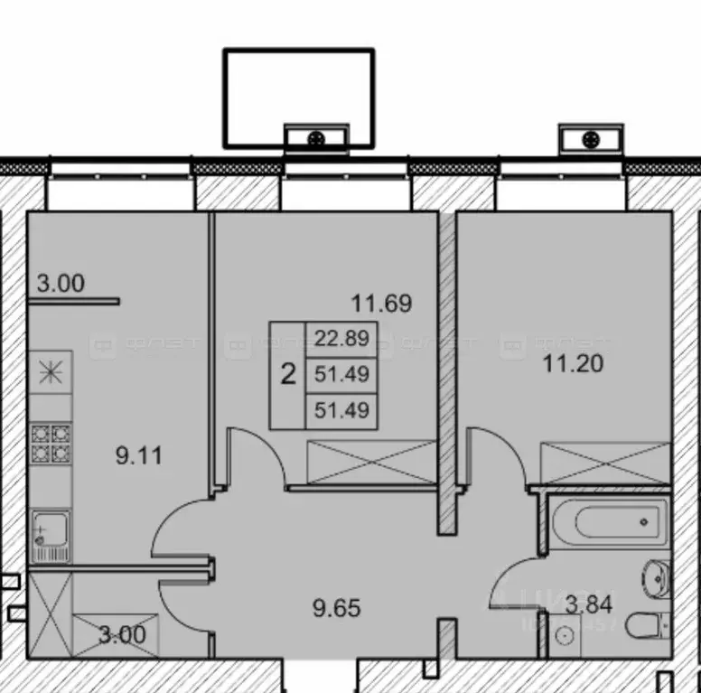 2-к кв. Татарстан, Казань ул. Азата Аббасова, 16 (51.5 м) - Фото 2