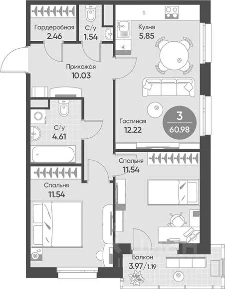 3-к кв. Татарстан, Казань ул. Гаврилова, 7к1 (62.07 м) - Фото 2