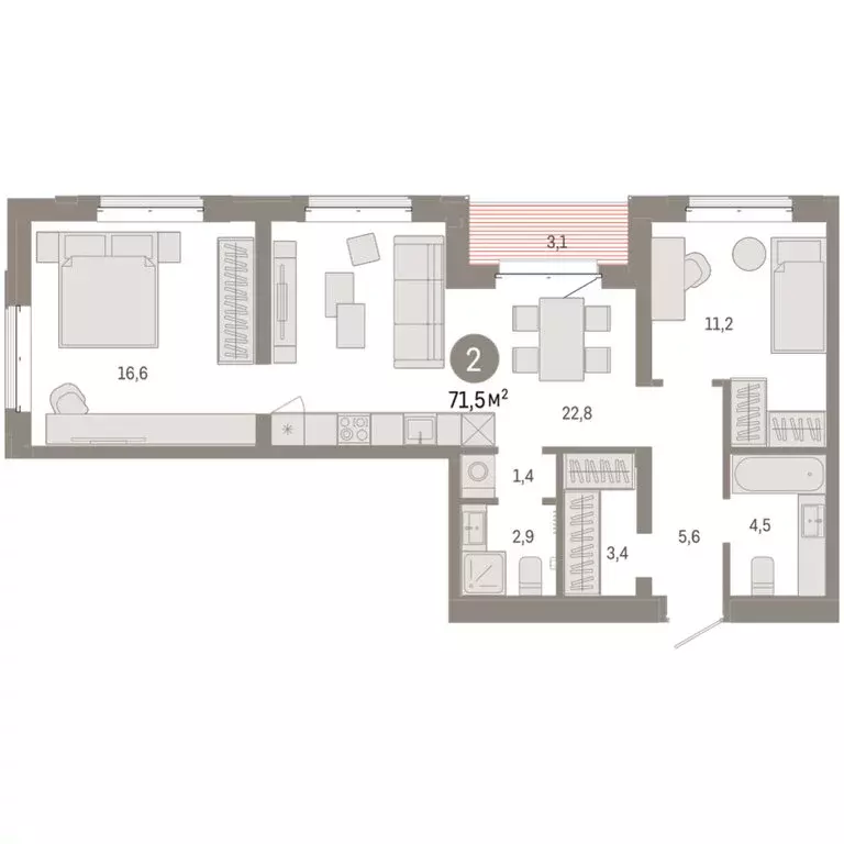 2-комнатная квартира: Тюмень, жилой комплекс На Минской (71.48 м) - Фото 1