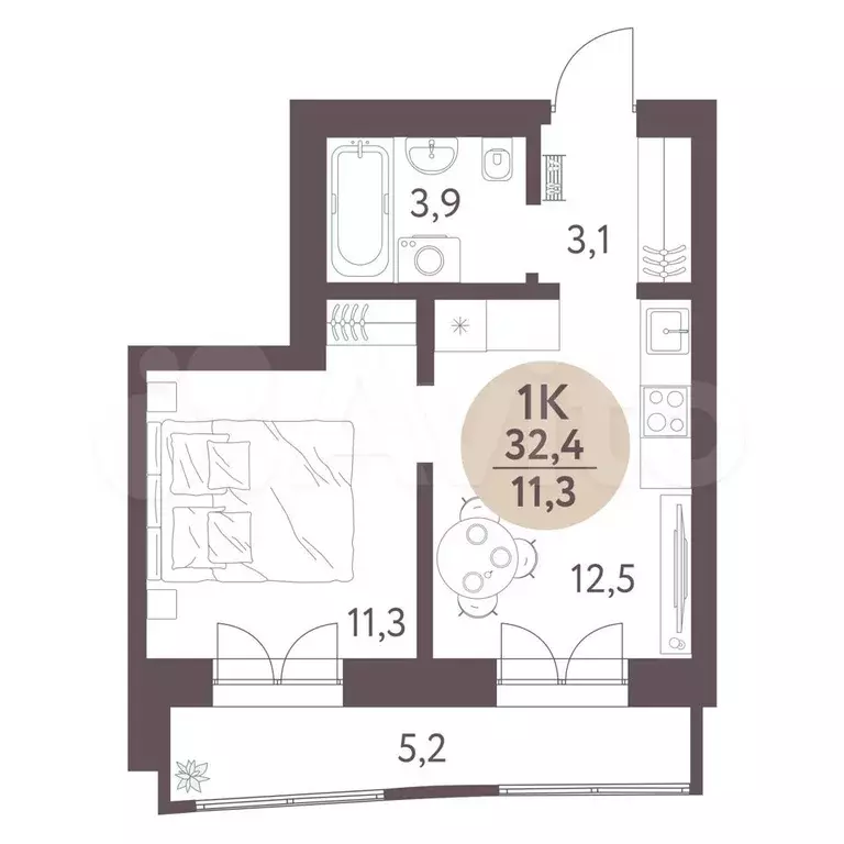 1-к. квартира, 32,4 м, 1/7 эт. - Фото 1