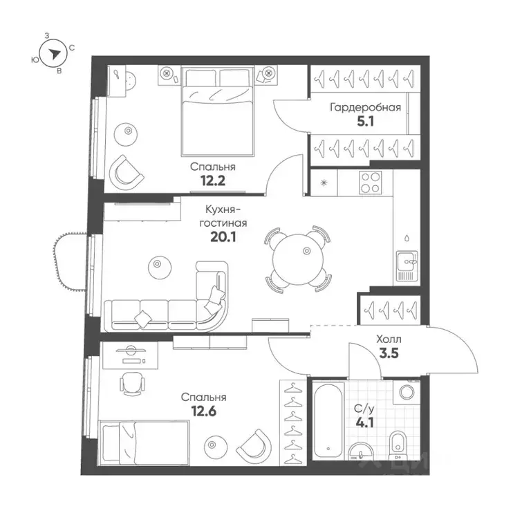2-к кв. Свердловская область, Екатеринбург Солнечный жилрайон,  (57.6 ... - Фото 1