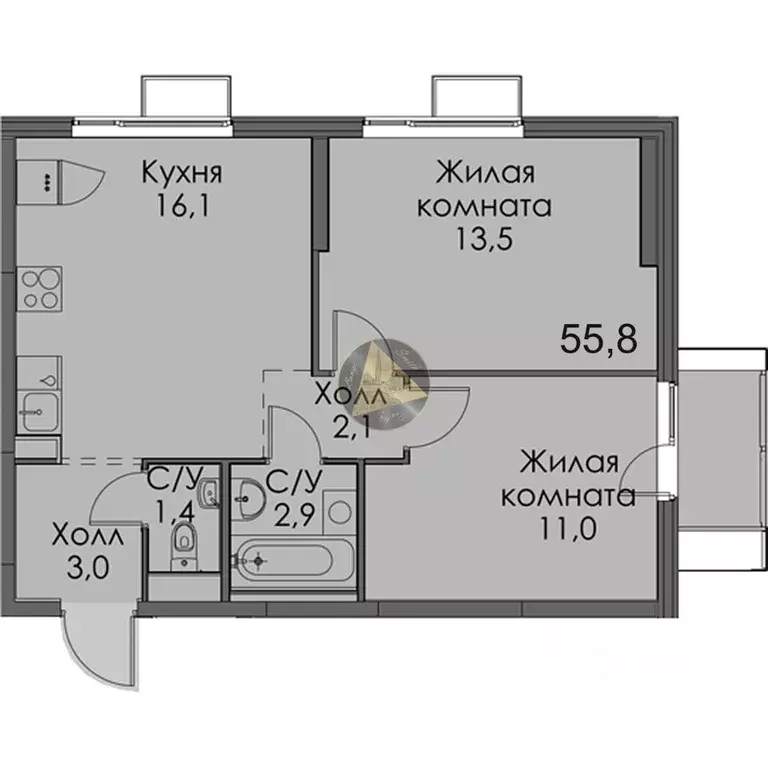 2-к кв. Санкт-Петербург Лиговский просп., 242 (55.8 м) - Фото 2