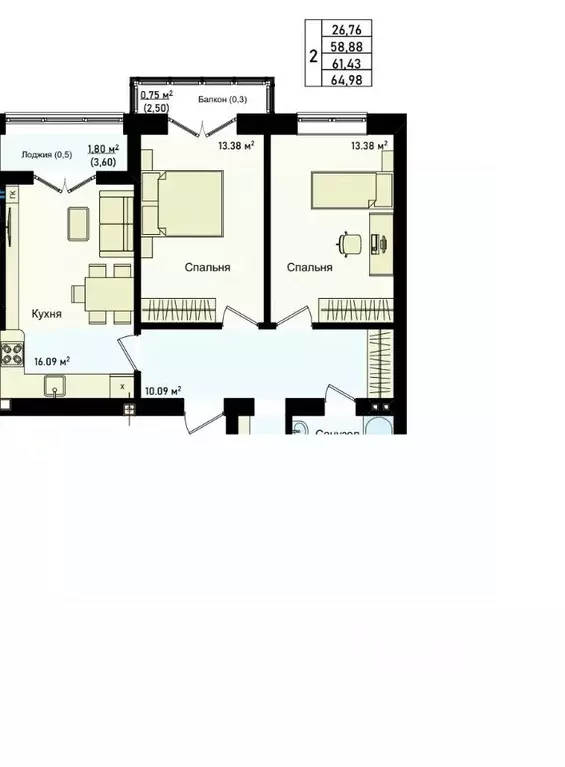 2-к кв. Калининградская область, Калининград ул. Сержанта Мишина, 83к2 ... - Фото 1